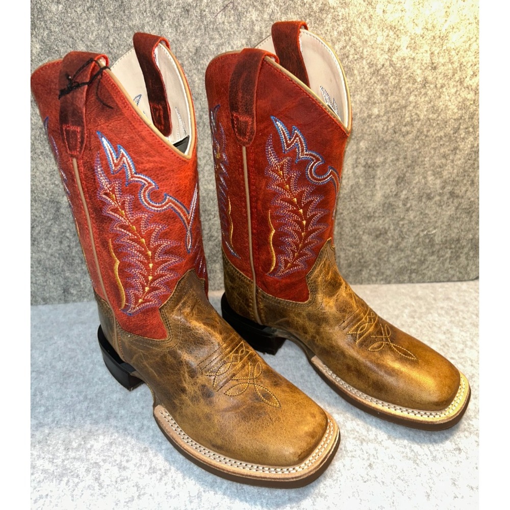 Old West BSC1959 Kids 1.5 D Leather Brown Red Square Toe Cowboy Boots NIB